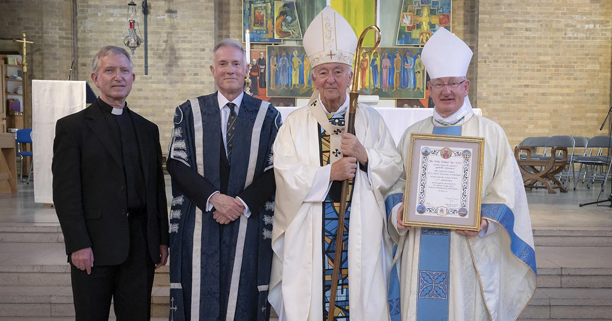 group photo of Mgr Paul McPartlan, Prof Anthony McClaran, HE Cardinal Vincent Nichols, Bishop Richard Moth