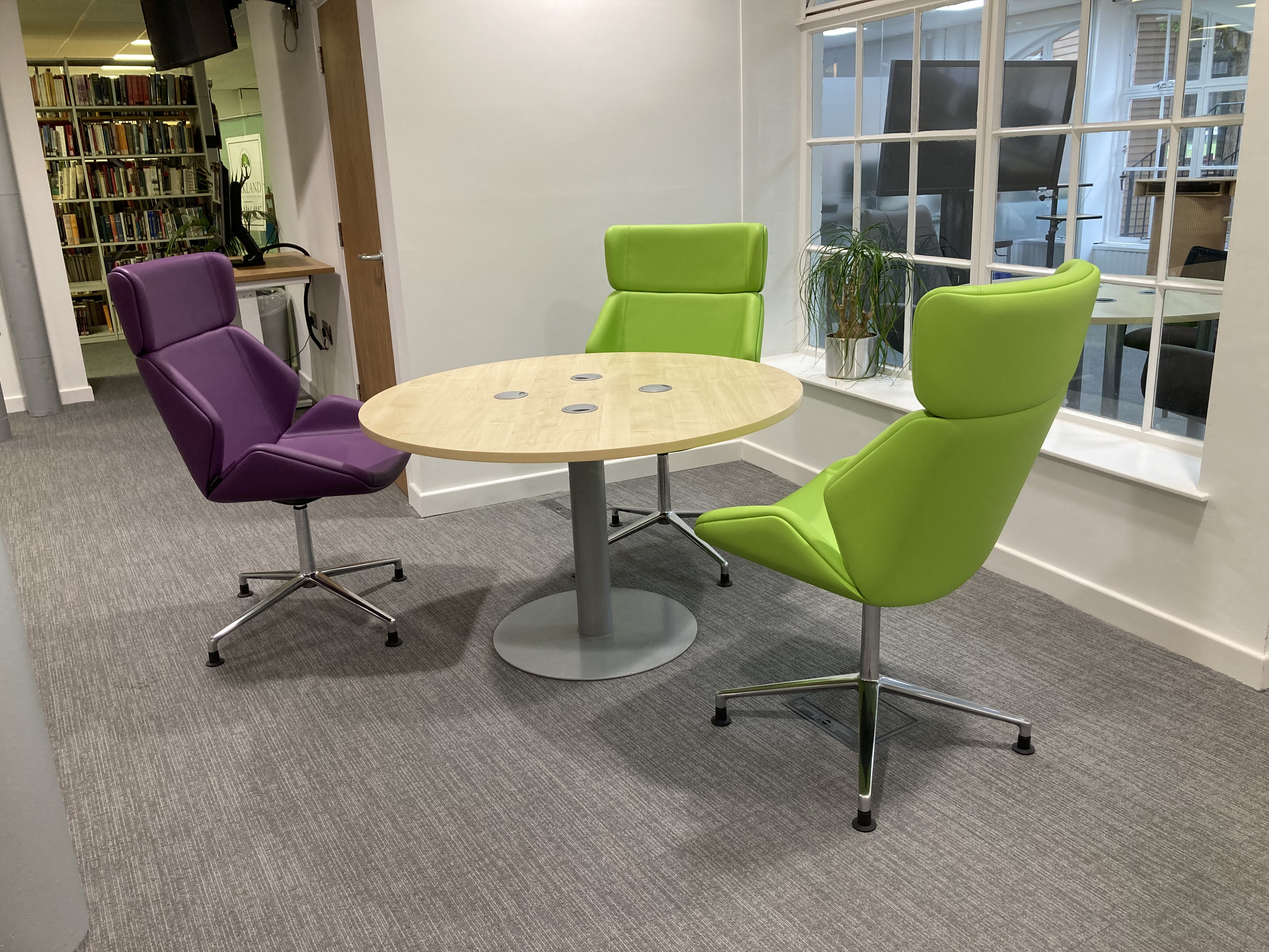 View of the completed Student Hub looking towards the chairs & table