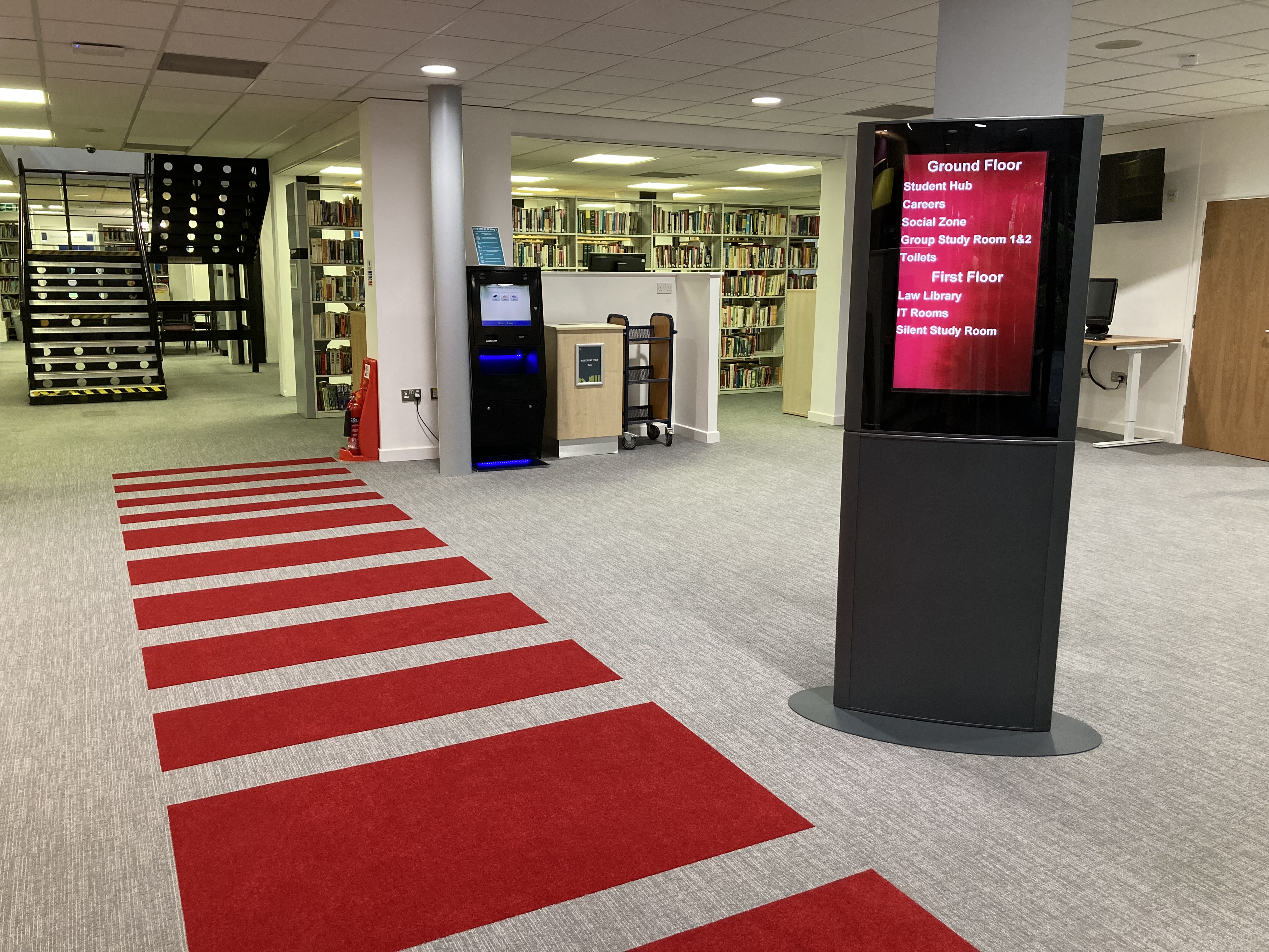 View of the completed Student Hub looking towards the red carpet entrance-way