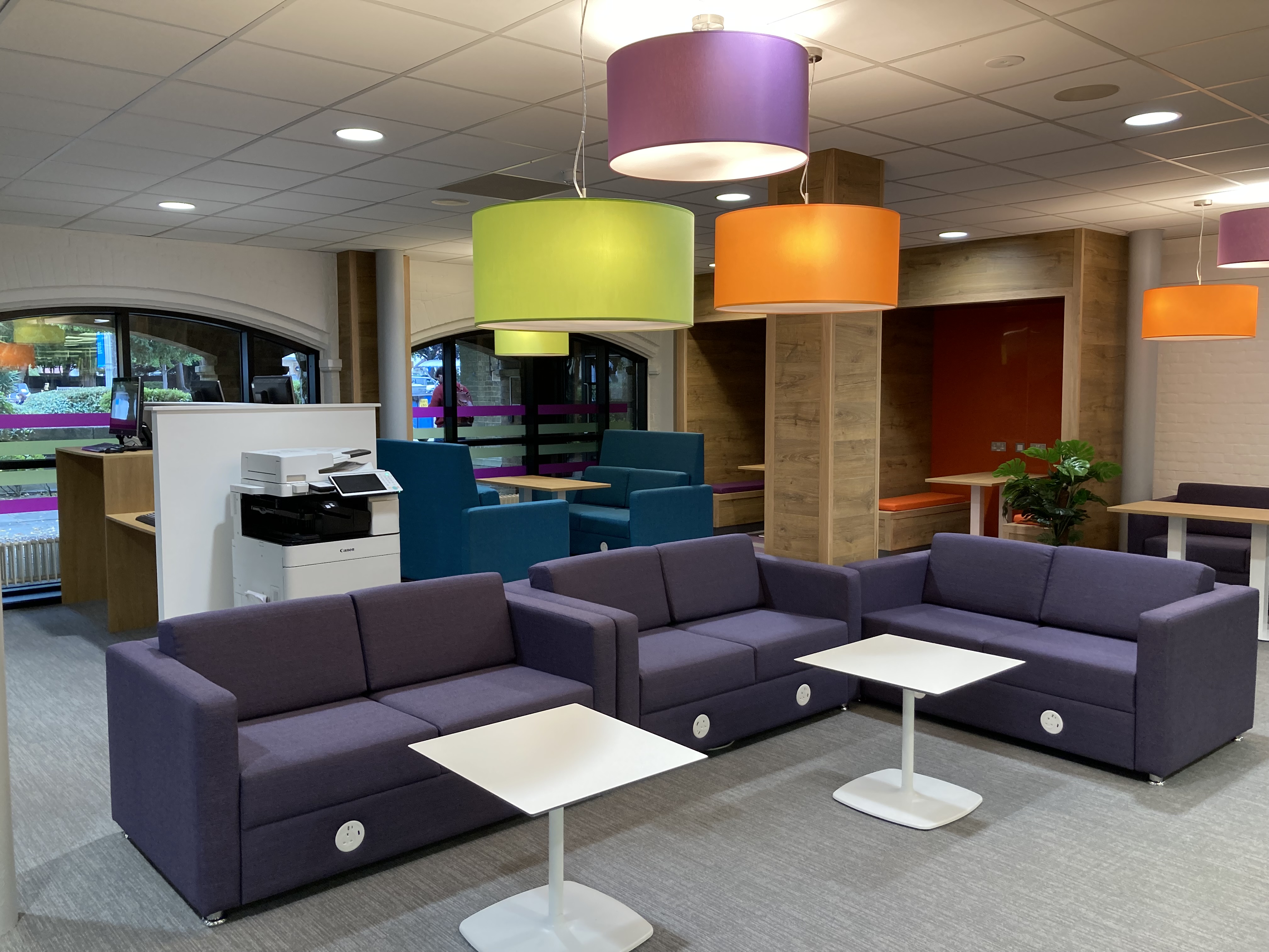 View of the completed Student Hub looking towards the sofas & booths