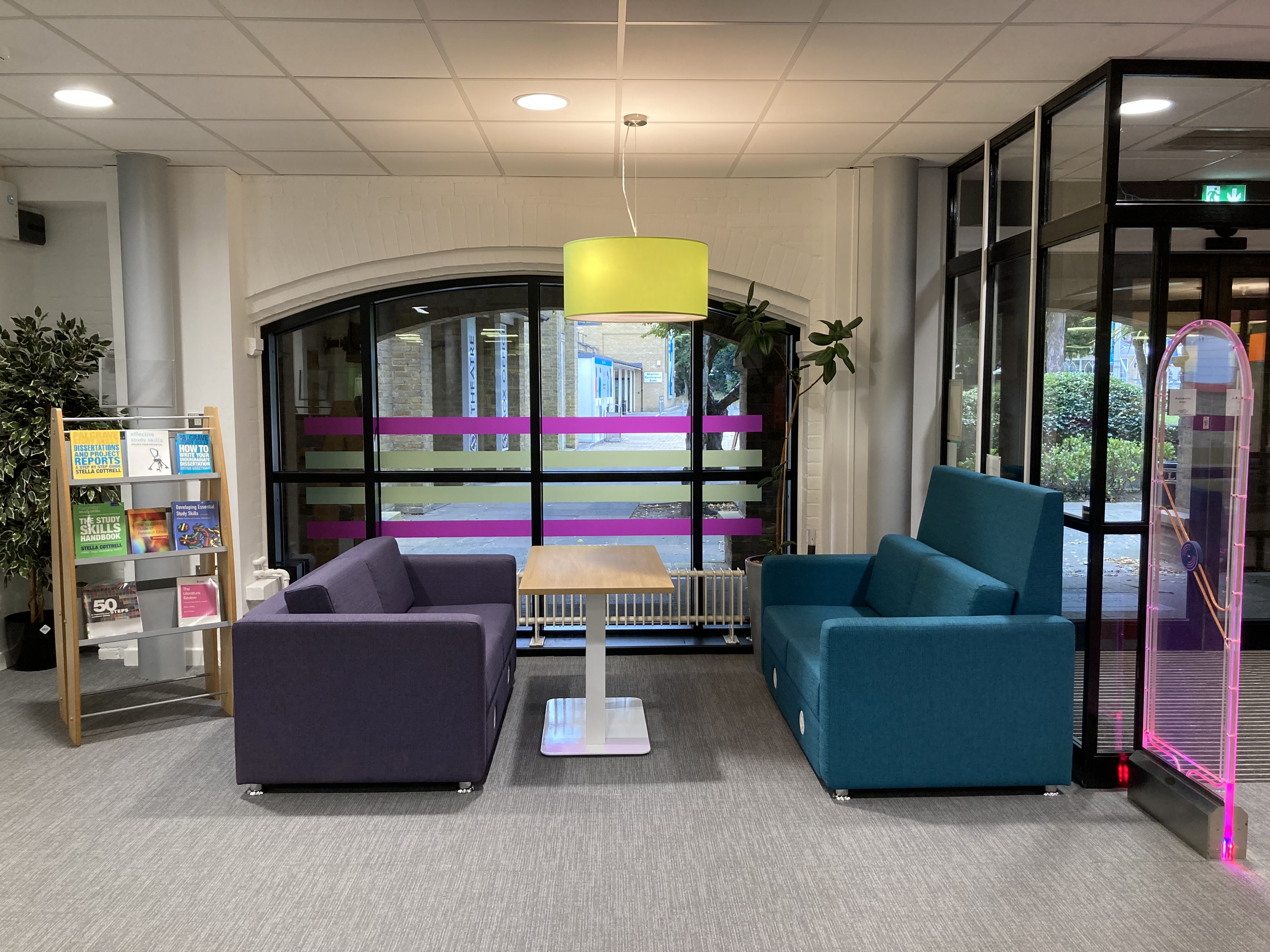 View of the completed Student Hub looking towards the sofas by the lift/entrance