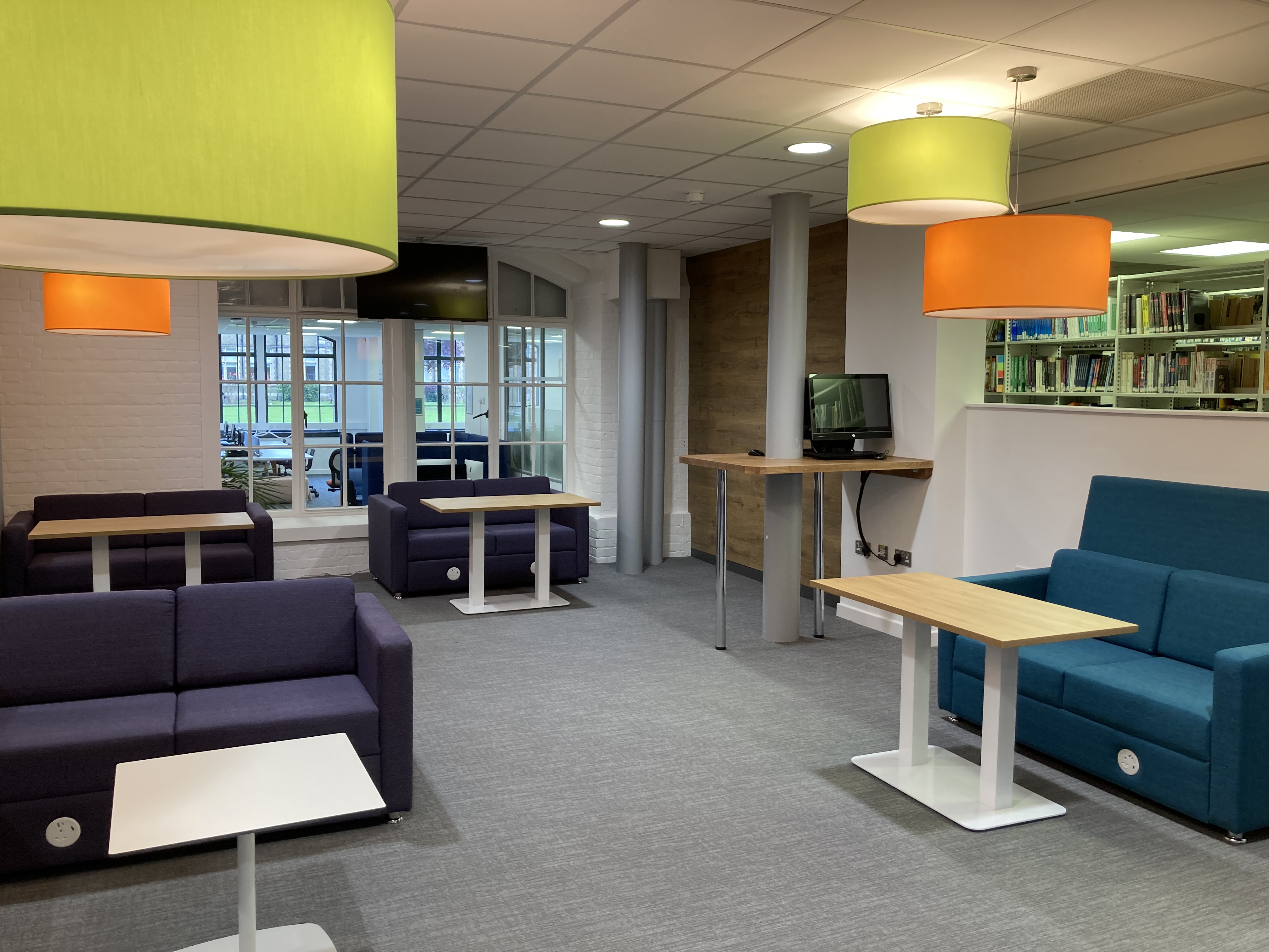 View of the completed Student Hub looking towards the sofas