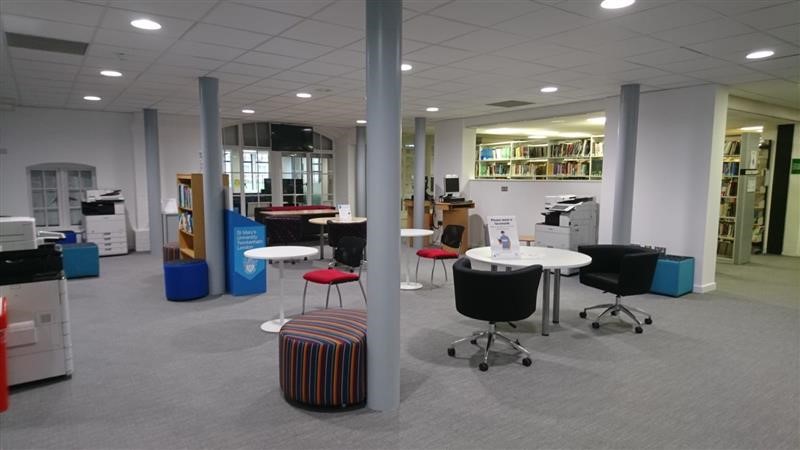 View of the Student Hub phase 1 showing tables and chairs