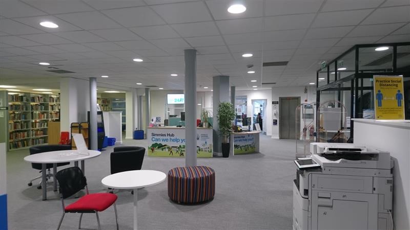 View of the Student Hub phase 1 looking towards the reception desk